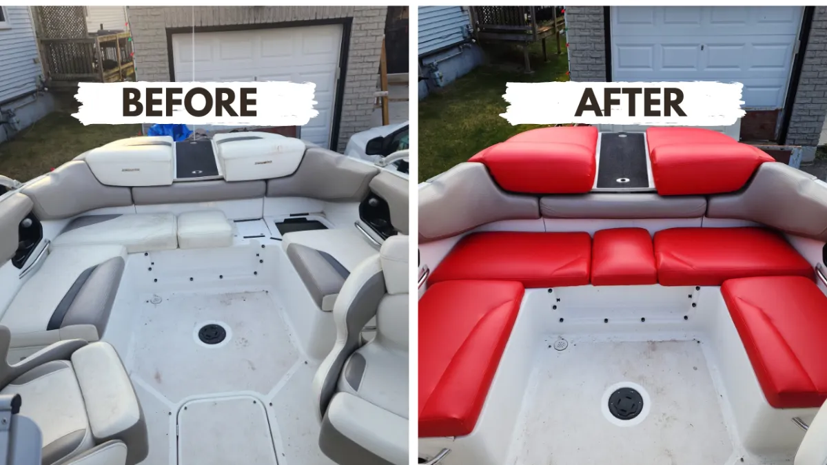 Boat interior before in faded white vinyl and after in fresh red marine vinyl
