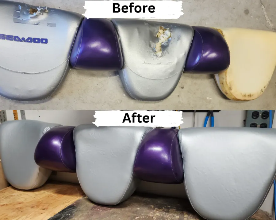 Sea-Doo seat before with ripped cover and exposed foam and after fully rebuilt