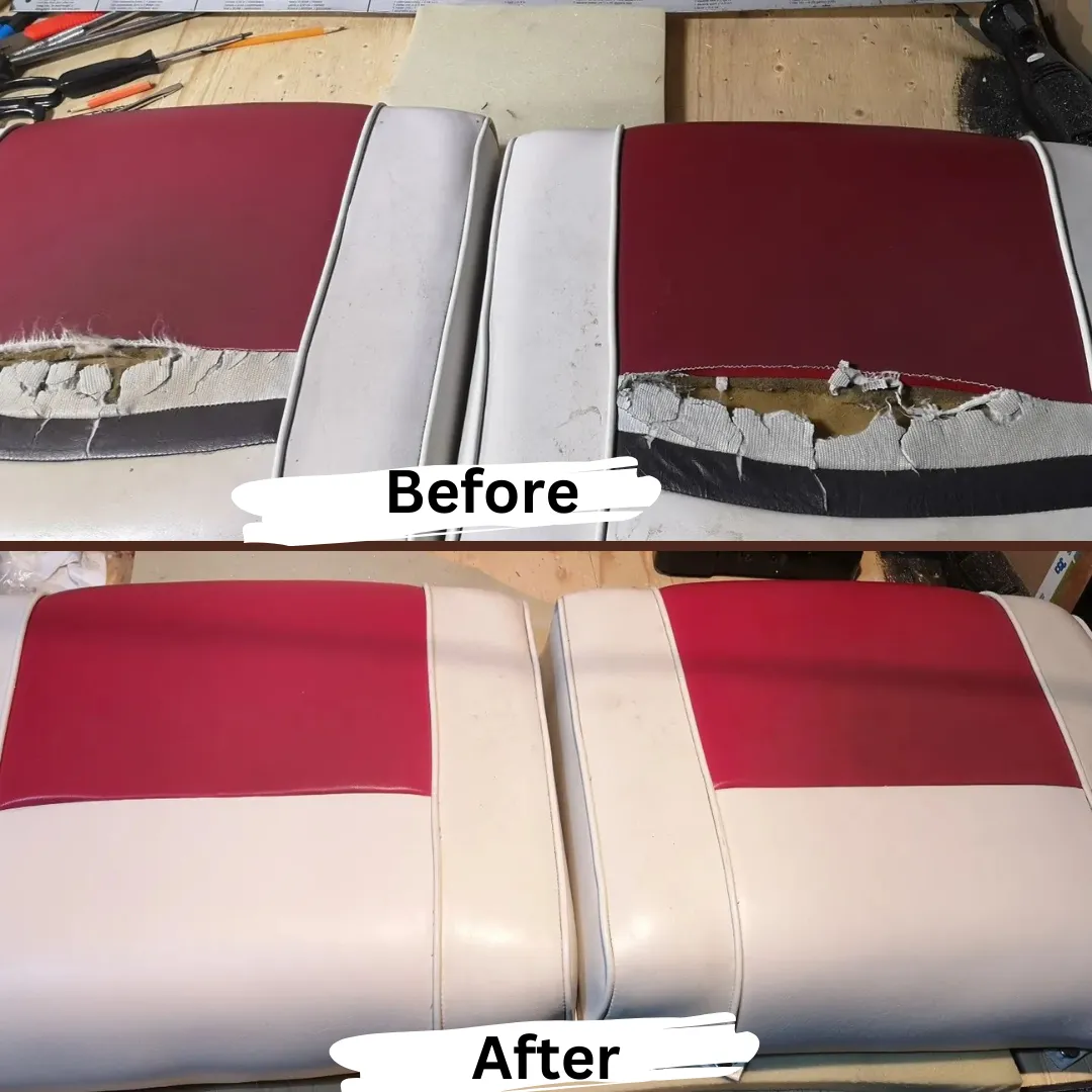Seat cushions before with torn vinyl and after repaired clean in red and white