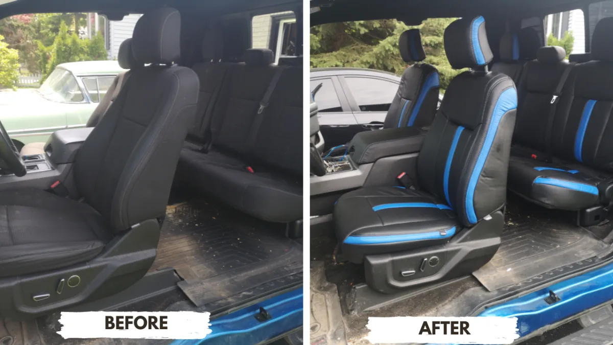 Truck cab before in plain black and after with two-tone black and blue custom interior