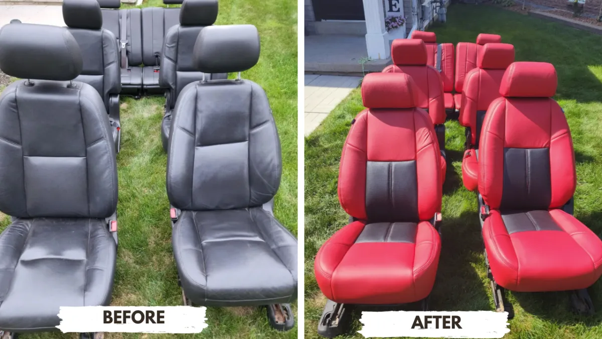 Truck seat set before in worn black leather and after rebuilt in red and black leather