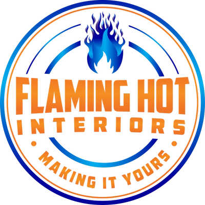 Flaming Hot Interiors badge, blue flame over orange lettering